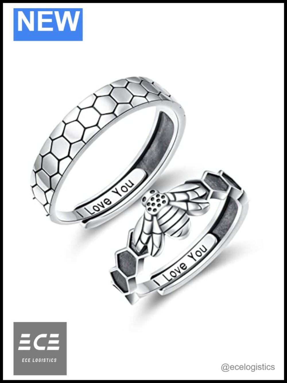 925 Sterling Silver Couple Rings Adjustable Promise Ring Set Bee Honeycomb